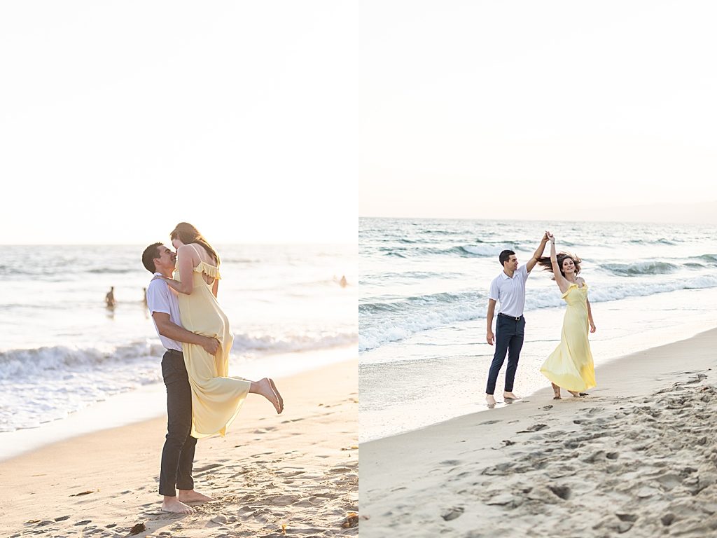 Couple twirling on Santa Monica Beach in California - Sherr Weddings
