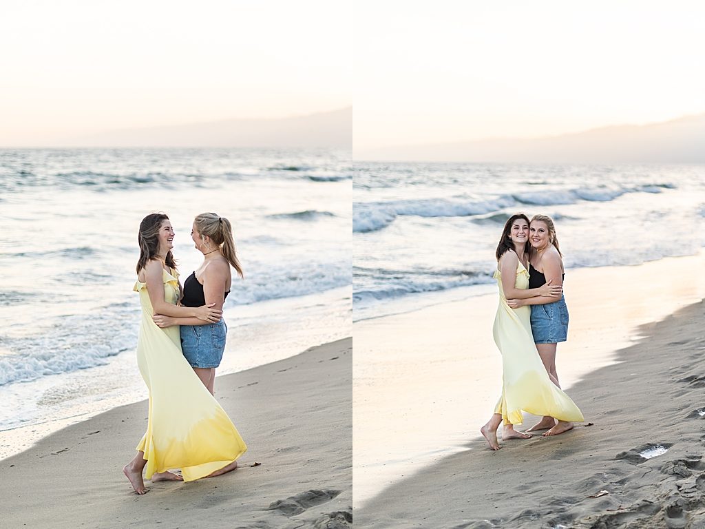 Friends hugging on Santa Monica Beach in Santa Monica, California - Sherr Weddings