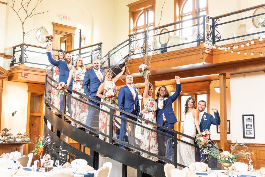 peach and sage wedding in canfield, ohio at the b&o station banquet hall full bridal party 