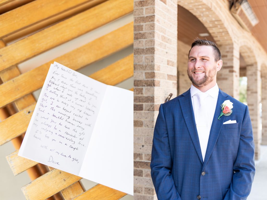 peach and sage wedding in canfield, ohio at st. michael's catholic church and the b&o station banquet hall groom and groom's note for bride