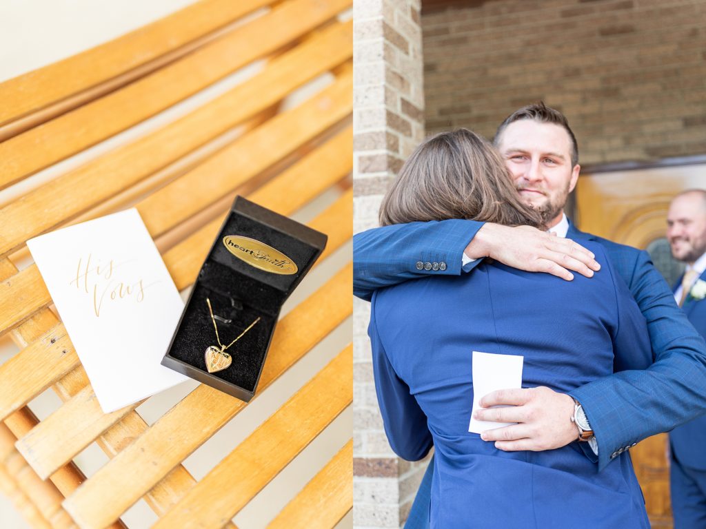 peach and sage wedding in canfield, ohio at st. michael's catholic church and the b&o station banquet hall groom hugging best man after reading note and locket photo with note