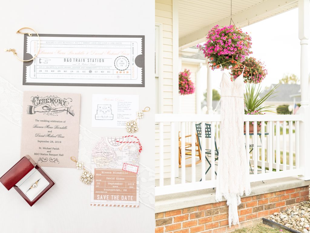 peach and sage wedding in canfield, ohio at st. michael's catholic church and the b&o station banquet hall detail photos of invitation, save the date, bracelet, ring, earrings, and lace wedding dress