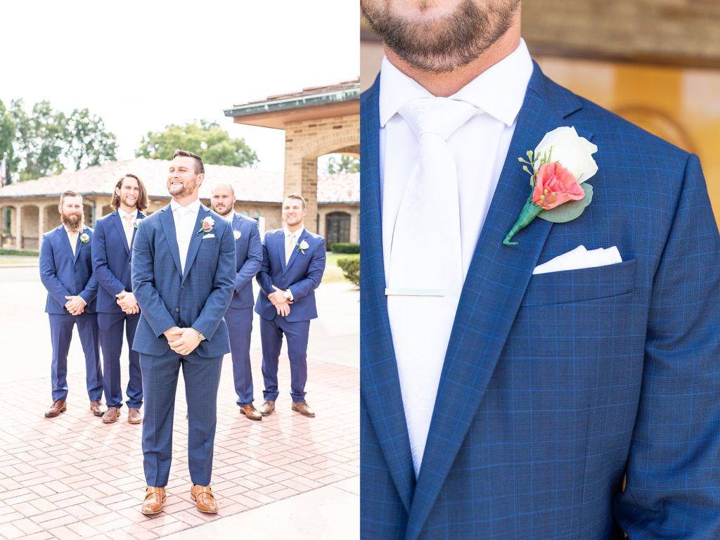 peach and sage wedding in canfield, ohio at st. michael's catholic church and the b&o station banquet hall groom with groomsmen and flowers