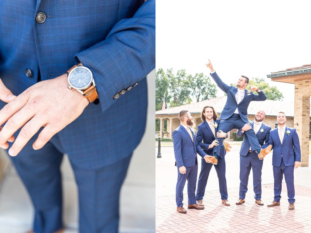 peach and sage wedding in canfield, ohio at st. michael's catholic church and the b&o station banquet hall groomsmen holding groom up and groom's watch