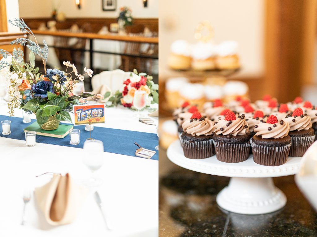 peach and sage wedding in canfield, ohio at st. michael's catholic church and the b&o station banquet hall cupcake detail and table detail photo