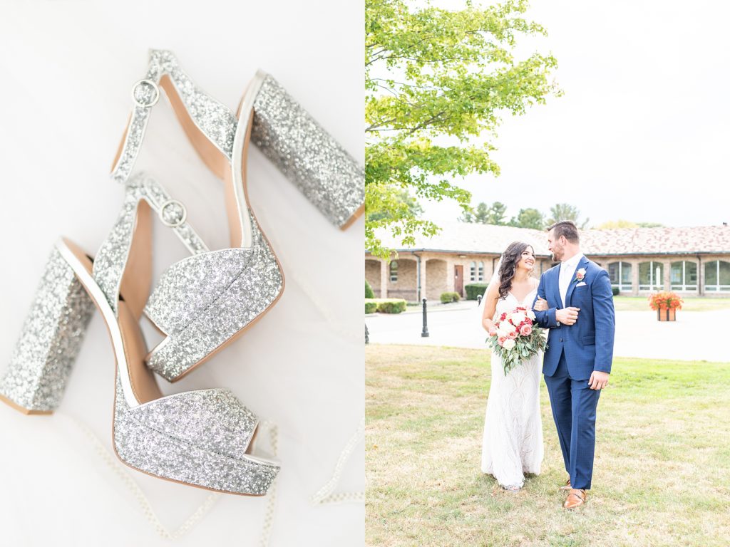 peach and sage wedding in canfield, ohio at st. michael's catholic church and the b&o station banquet hall bridal shoes and bride and groom portrait