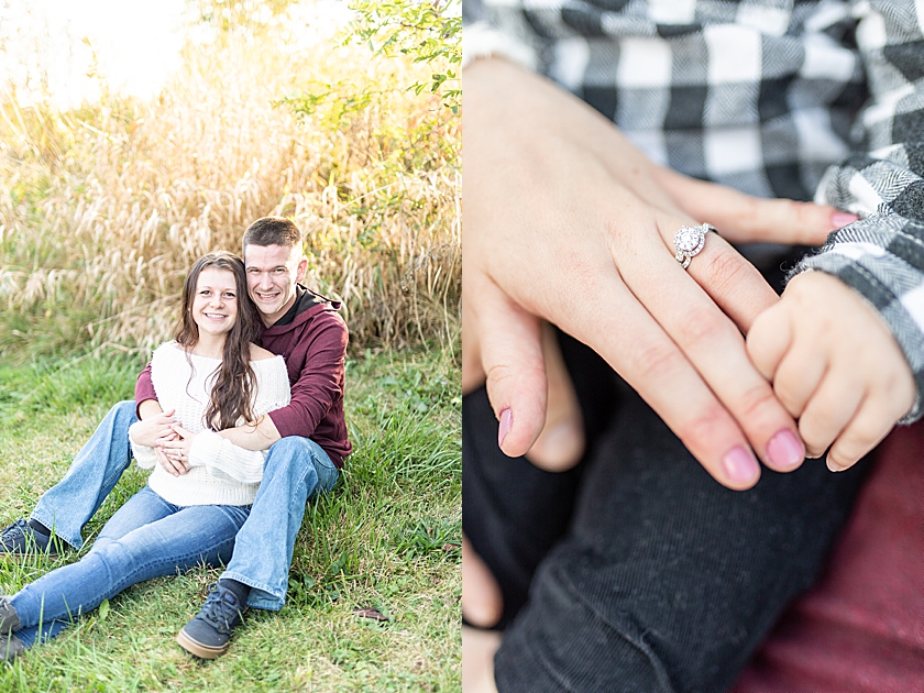 Engagement session having fun together and with their little baby at Mill Creek Preserves in fall