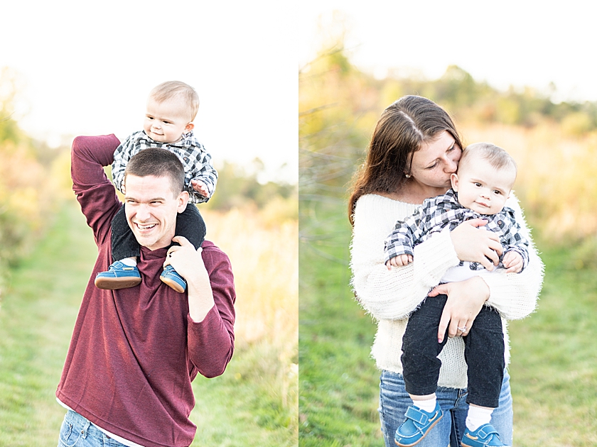 Engagement session having fun together and with their little baby at Mill Creek Preserves in fall
