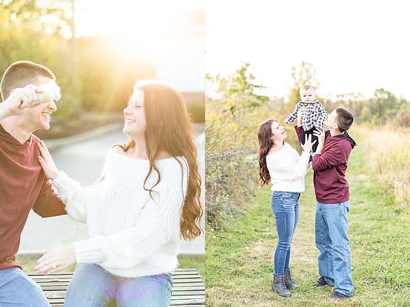 Engagement session having fun together and with their little baby at Mill Creek Preserves in fall and at Handel's enjoying ice cream