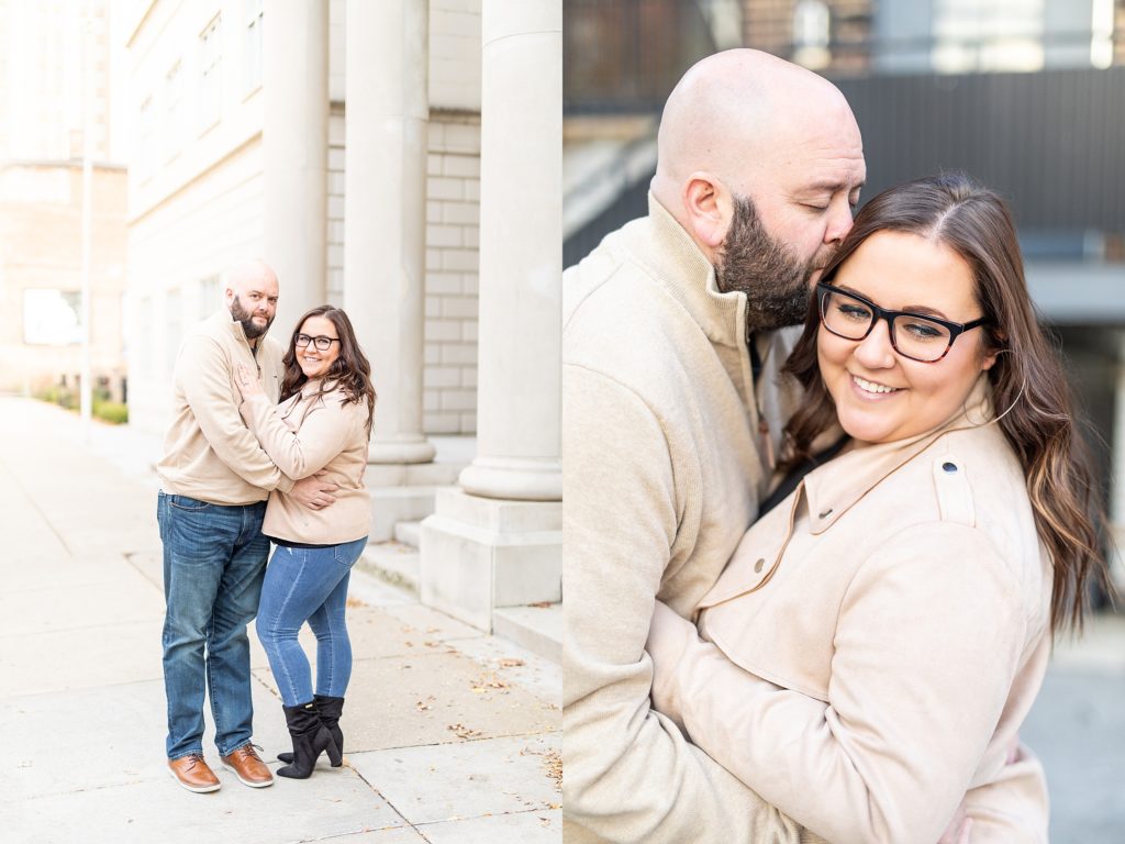 Fall city rooftop engagement in Youngstown Ohio during sunset