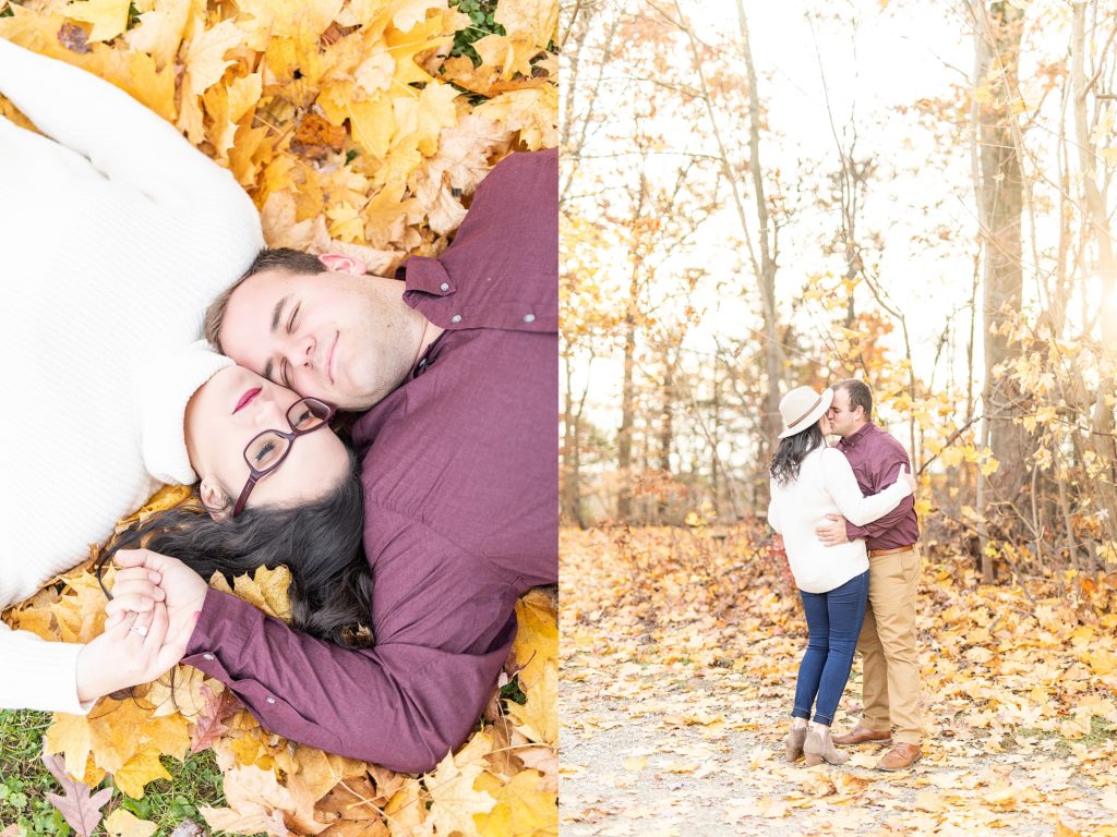 Fall engagement session with couple dancing, kissing, and laughing together at Cuyahoga Valley National Park at sunset