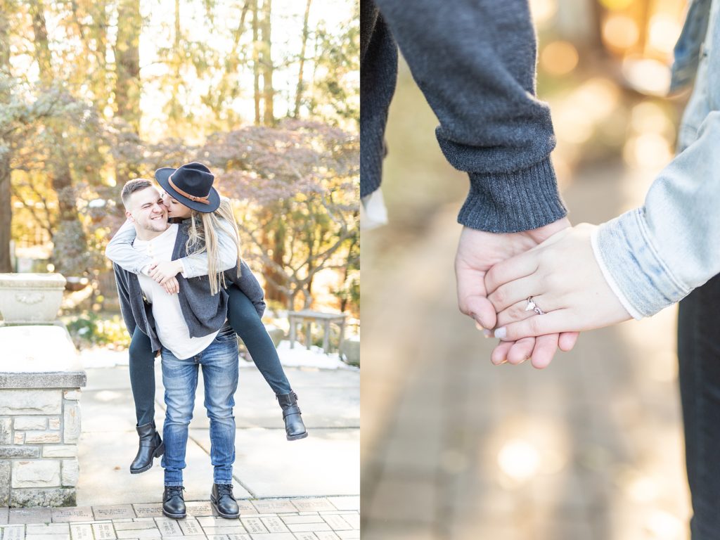 Fall engagement session with couple dancing, laughing, twirling, and throwing leaves at Fellows Riverside Gardens in Youngstown