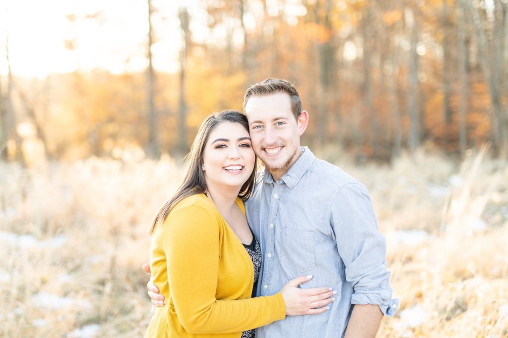 Sunset end of fall engagement photos at Mill Creek Metroparks Farm in Canfield Ohio
