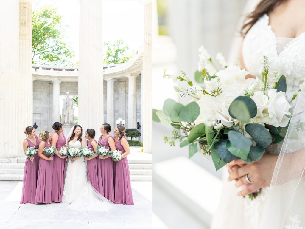 Luxury Mauve and navy wedding at McKinley Memorial Library in Niles Ohio of bridal party on steps. Youngstown, Ohio wedding at Crossroads Church and reception at Divieste's in Warren, Ohio.