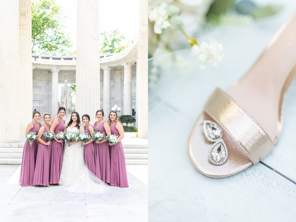 Luxury Mauve and navy wedding at McKinley Memorial Library in Niles Ohio of bridal party on steps. Youngstown, Ohio wedding at Crossroads Church and reception at Divieste's in Warren, Ohio.