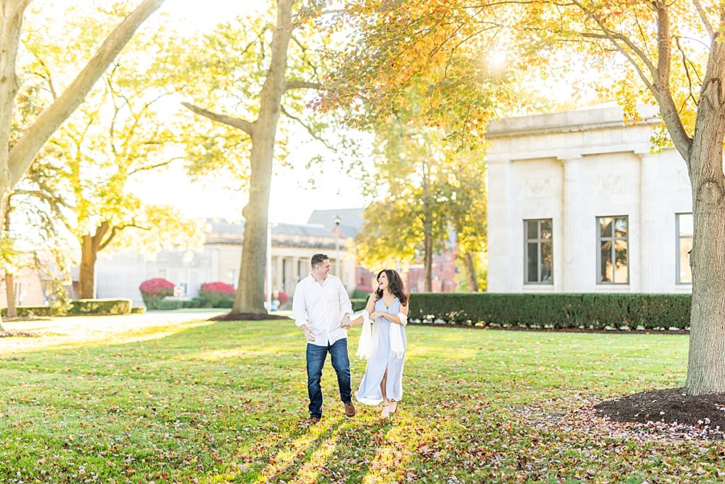 Dominique Biondillo and Ryan Foht fall engagement photos at Niles McKinley Memorial Library by San Diego wedding photographer, Bree Thompson Photography. Dominique Biondillo, hairdresser at Magnolia's on the Green. Canfield, Ohio wedding at the B&O Station Banquet Hall.