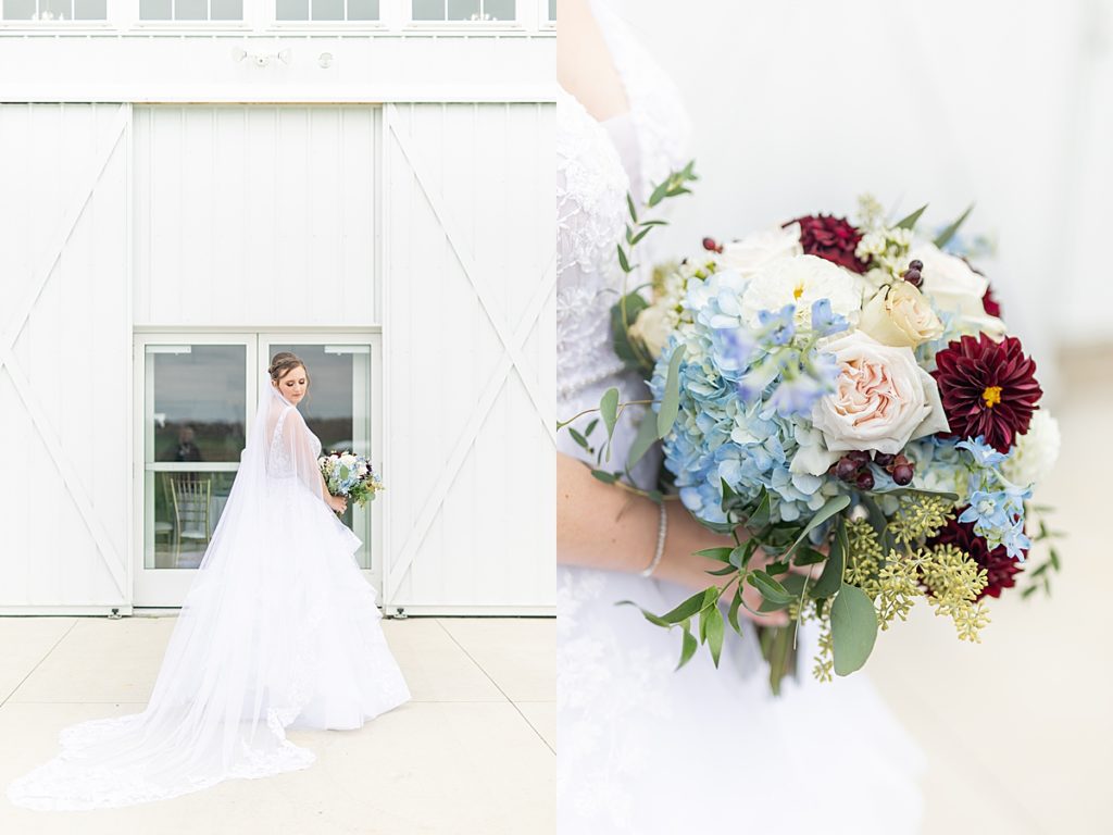 Luxury wedding photographer, Bree Thompson, photographs blue and red autumn wedding details at White Rose Barn in Ohio.