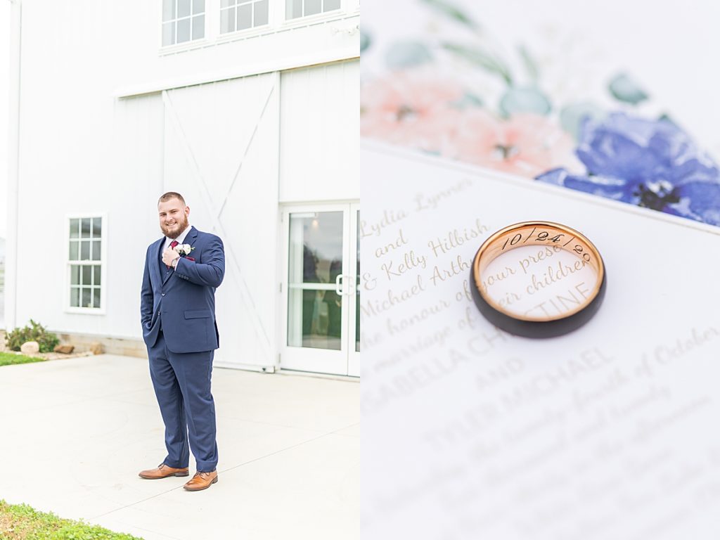 White Rose Barn wedding day details such as perfume, necklaces, shoes, earrings, wedding gown, and bouquet, by wedding photographer, Bree Thompson.