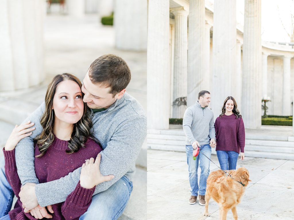 Winter Christmas engagement photoshoot at Niles McKinley Memorial Library with golden retriever.