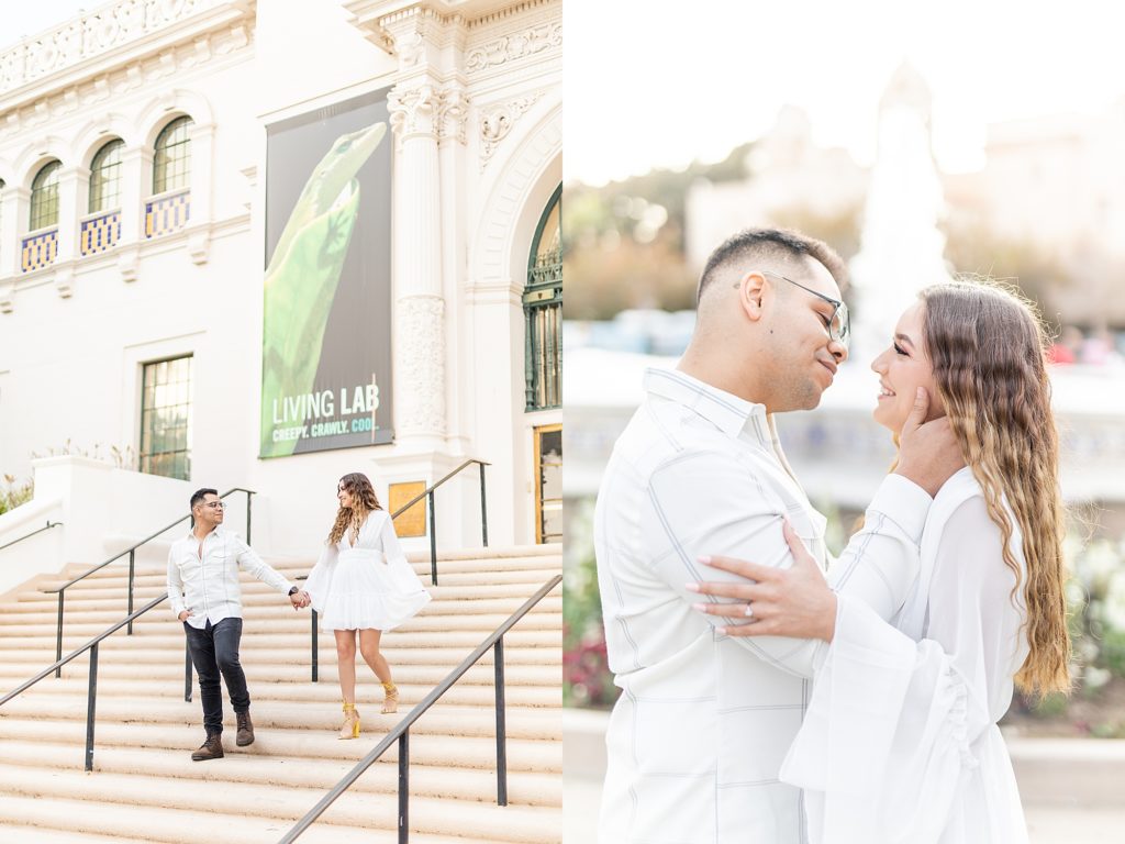 Sunset engagement session at Balboa Park Natural History Museum in San Diego, California wearing white dress and yellow heels.