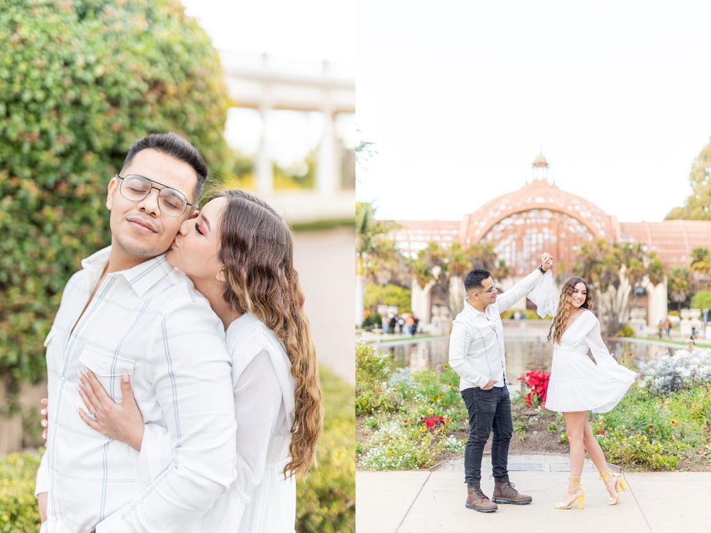 Sunset engagement session at Balboa Park Botanical Building and Lily Pond in San Diego, California wearing white dress and yellow heels.
