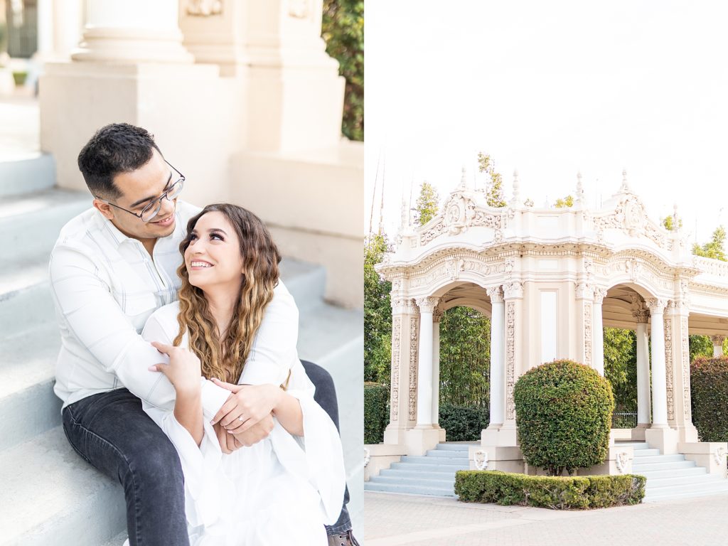 Golden hour photography session for engaged couple, Alexa and Stephen at Spreckels Organ Pavilion by San Diego photographer, Bree Thompson.