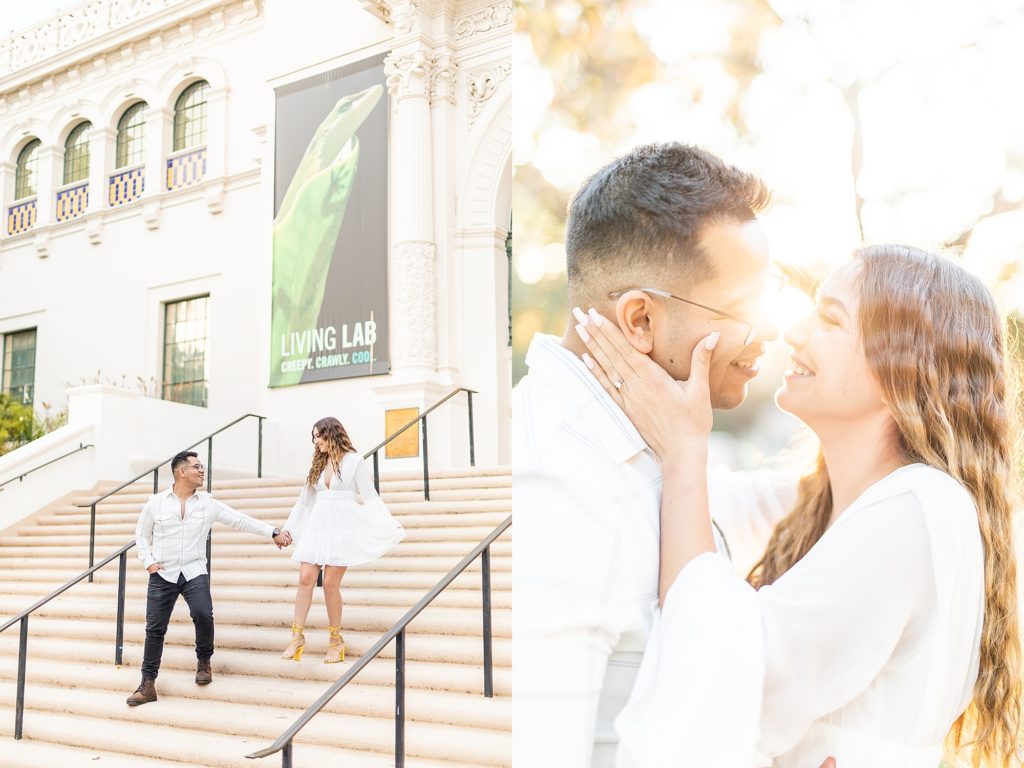 Balboa Park Natural History Museum golden hour engagement session by luxury wedding photographer, Bree Thompson.