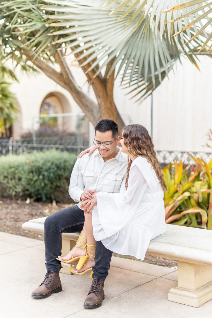 Golden hour photography session for engaged couple, Alexa and Stephen at Botanical Building and Lily Pond by San Diego photographer, Bree Thompson.