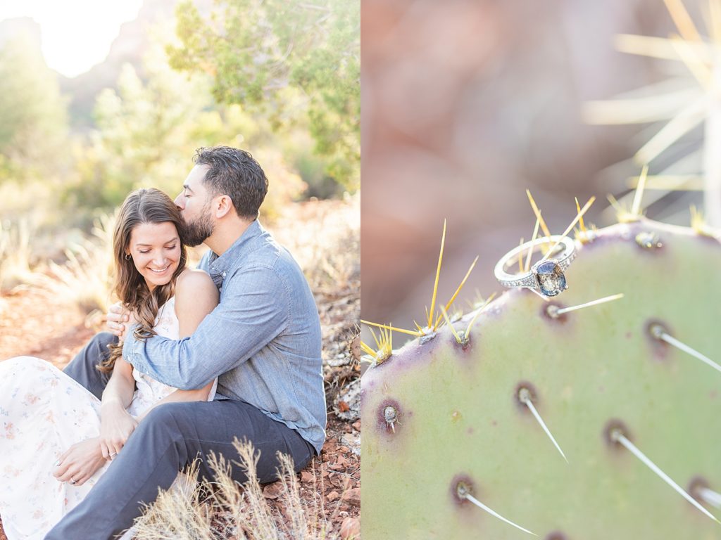 Black and blue engagement ring on cactus spike.