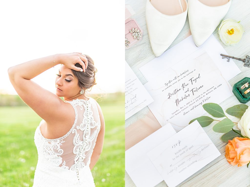 Peach, navy, and emerald wedding details with engagement rings, bridal bouquet, and invitation suite.