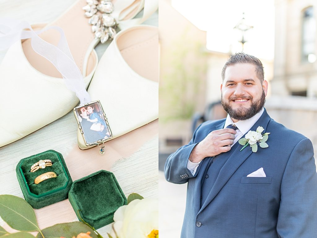 Peach, navy, and emerald wedding details with engagement rings, bridal bouquet, and invitation suite.