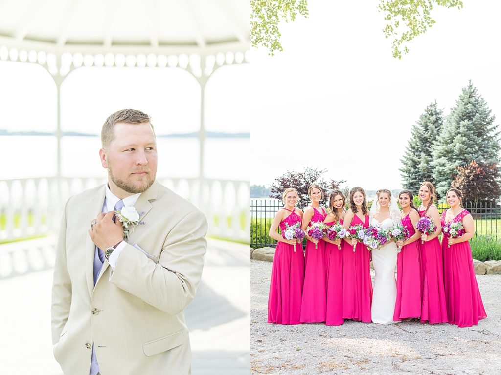 Colorful magenta and purple wedding day overlooking a lake.