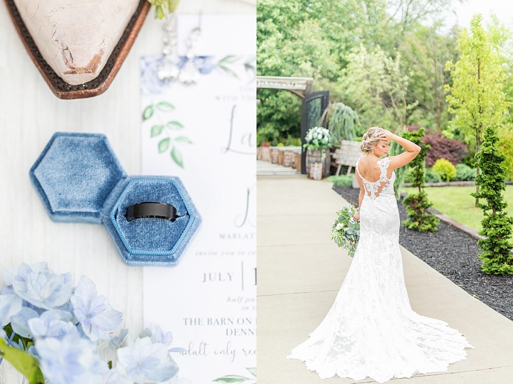 Sky and navy blue outdoor country wedding featuring the brides cowgirl boots.