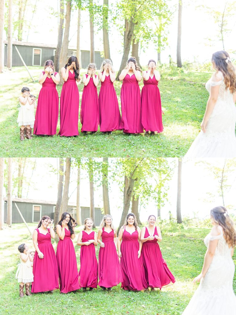 Bride and bridesmaids laughing with boho bouquets.