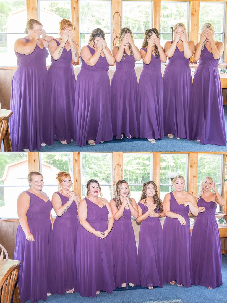 Dark purple bridesmaids dresses from David’s bridal and bride’s dress from Evaline’s Bridal.