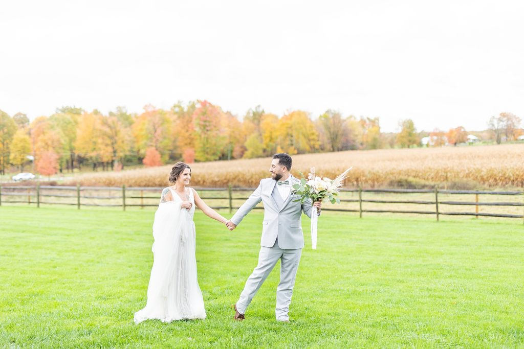 First look with wedding couple outside Irons Mill Farmstead in Pennsylvania.