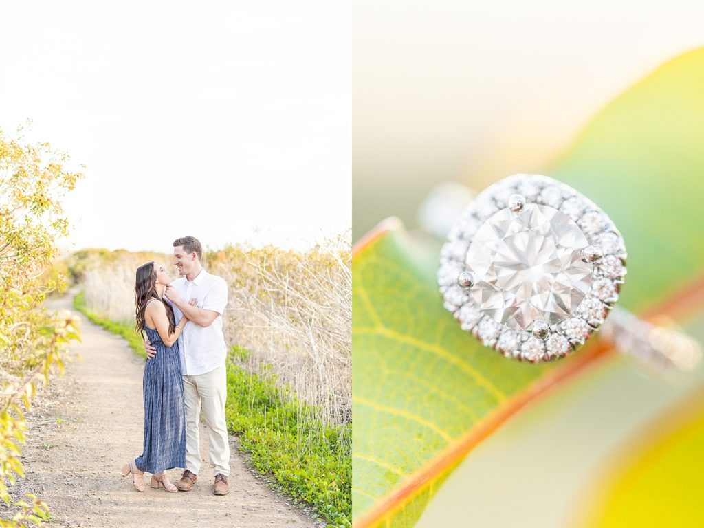 Bride and groom at San Onofre, Califronia. Diamond round halo engagement ring on tree leaf.