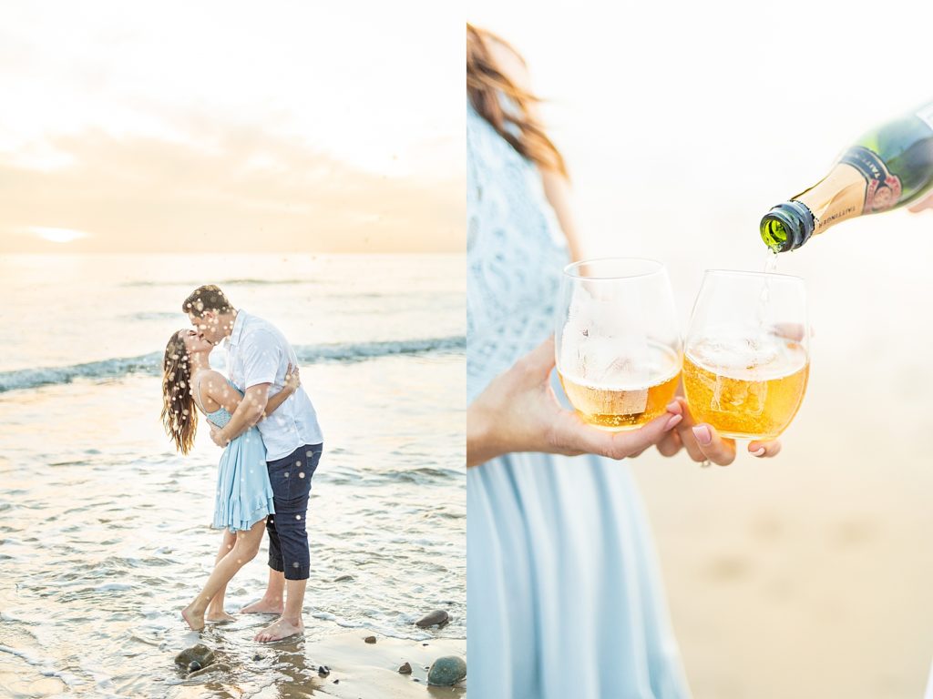 Couple pouring champagne and kissing in the southern California Pacific ocean.