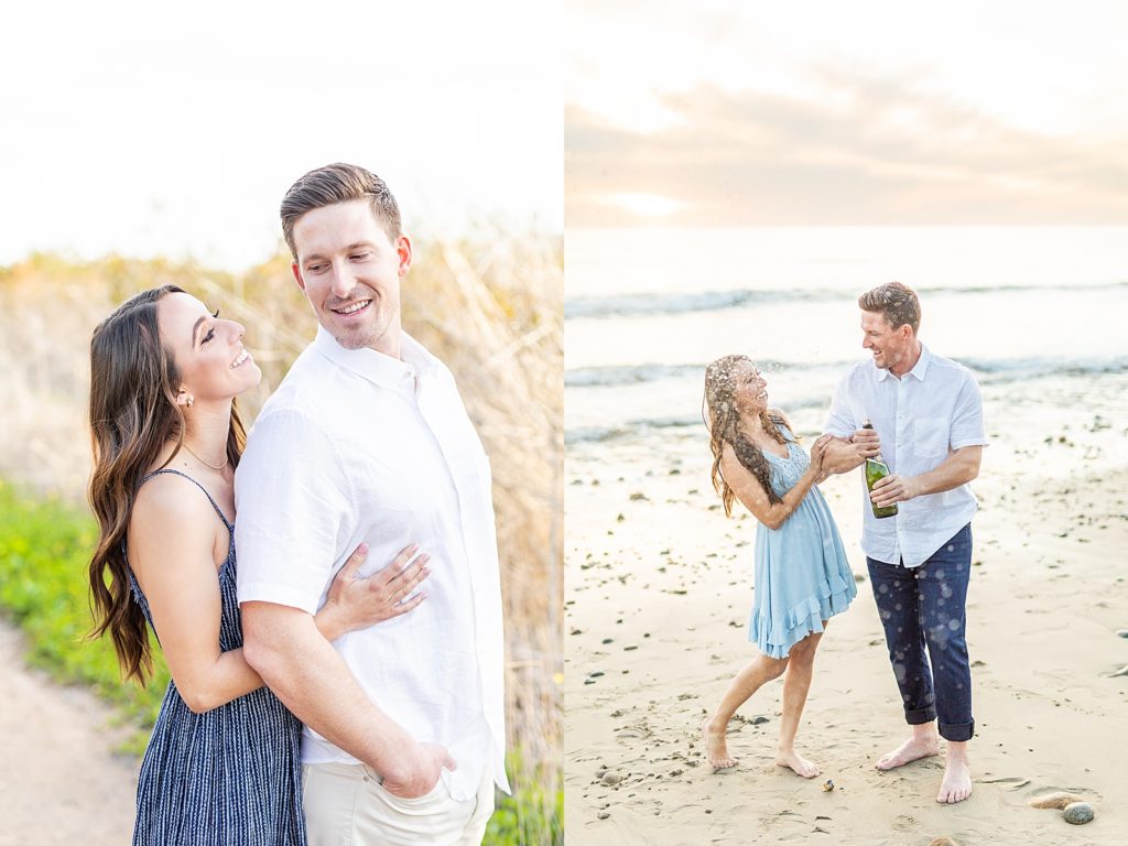 Champagne pop photography San Onofre beach engagement session in California with future bride and groom.