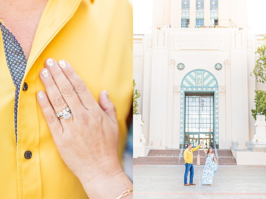 Waterfront park, San Diego engagement session with bride and groom by Sherr Weddings.