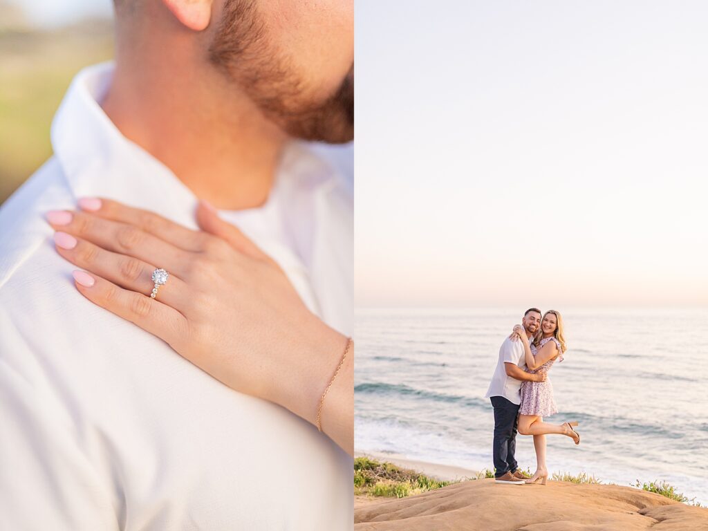 Engagement ring on bride's finger holding onto groom's chest at Carlsbad beach.