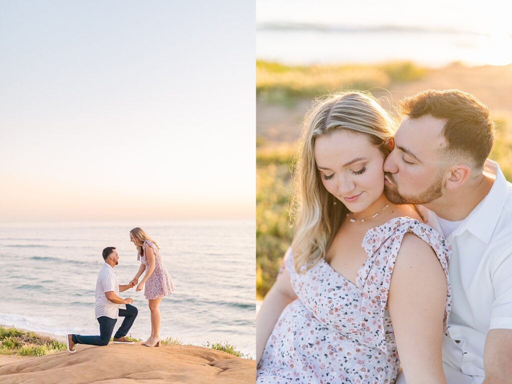 Surprise engagement proposal on the cliffs of Carlsbad Beach in North County San Diego, California.