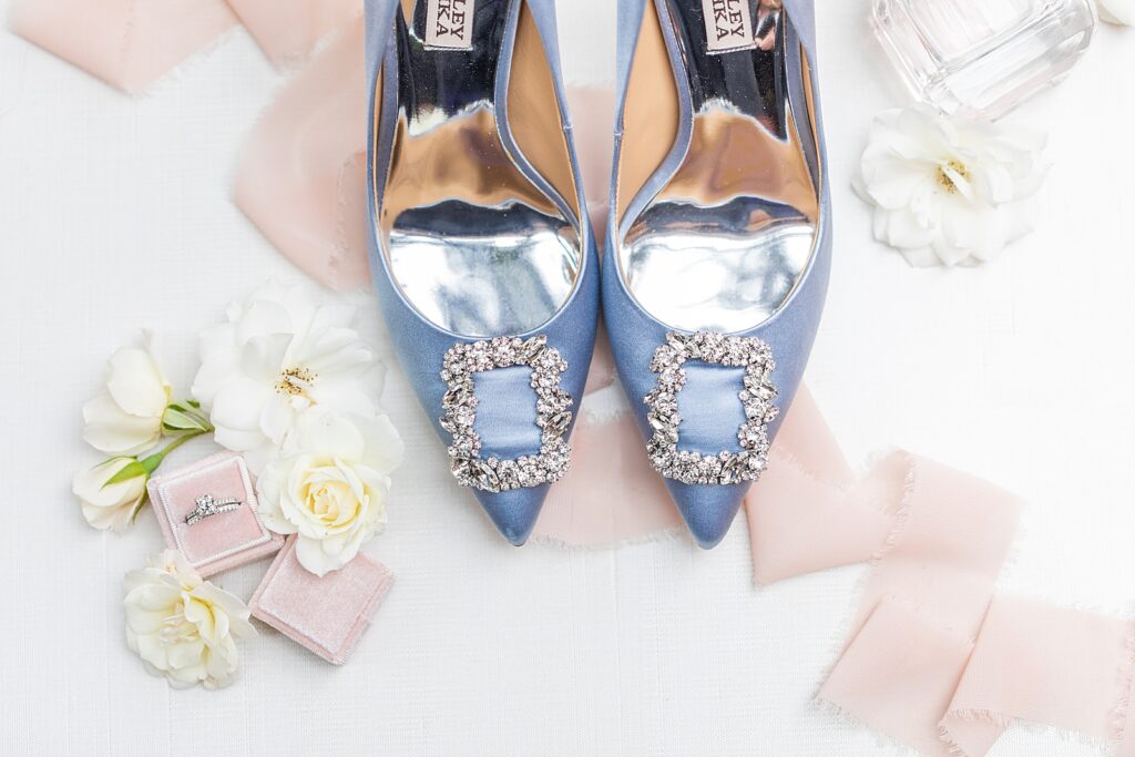 Badgley Miscka blue satin heels taken by Sherr Weddings.
