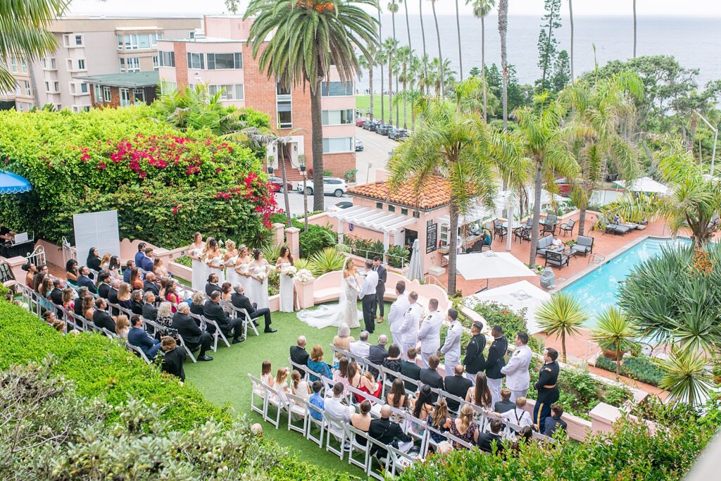 Wedding ceremony in La Jolla, California at La Valencia Hotel.
