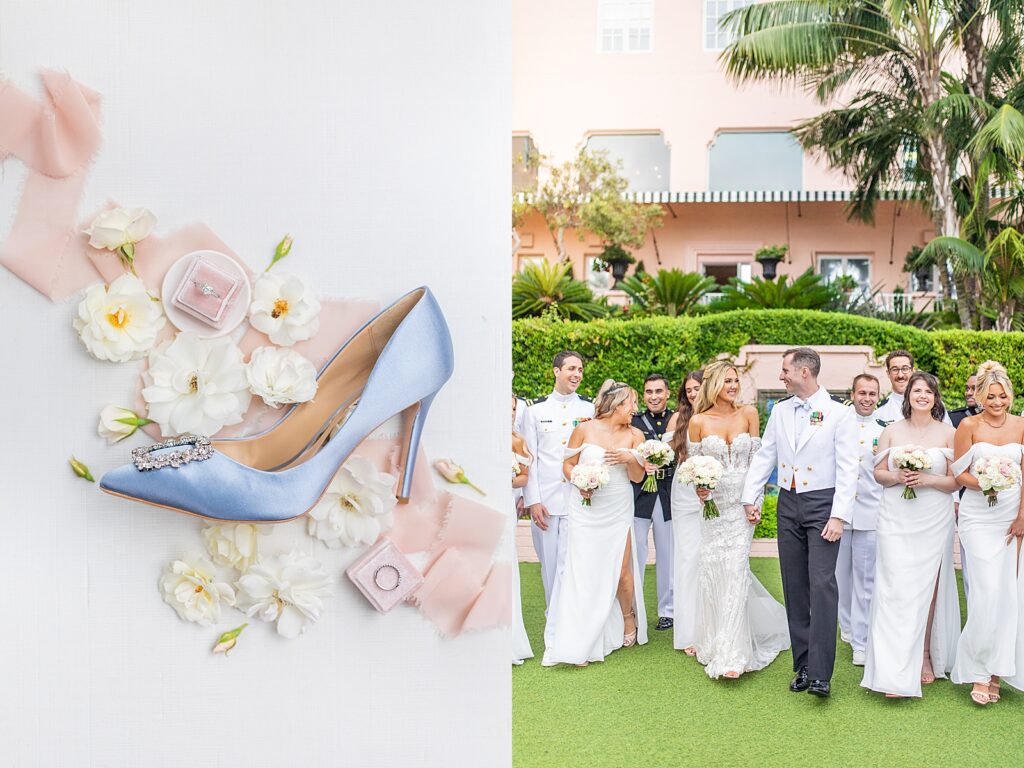 Badgley Mischka blue sating and crystal shoes and wedding party walking at La Valencia Hotel taken by Sherr Weddings in San Diego, California.