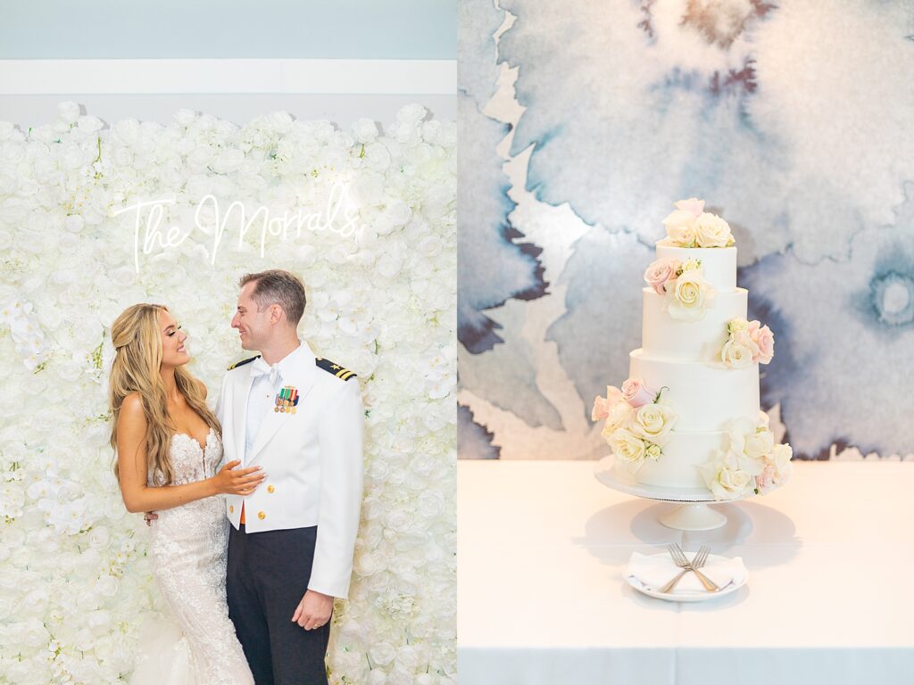 Bride and groom in front of wedding flower wall at wedding reception and wedding cake taken by Sherr Weddings in San Diego, California.