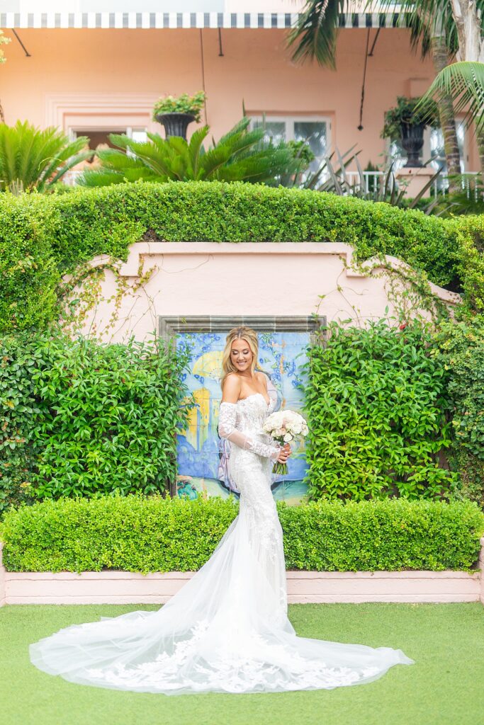 Bride in the gardens at La Valencia Hotel.