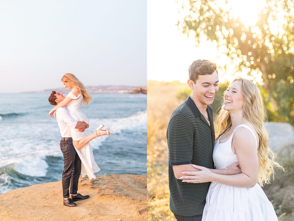 Couple kissing and laughing in Point Loma, California.