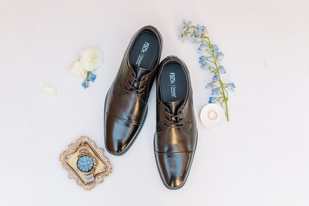 Groom's Nordstrom Shoes with watch and wedding ring.
