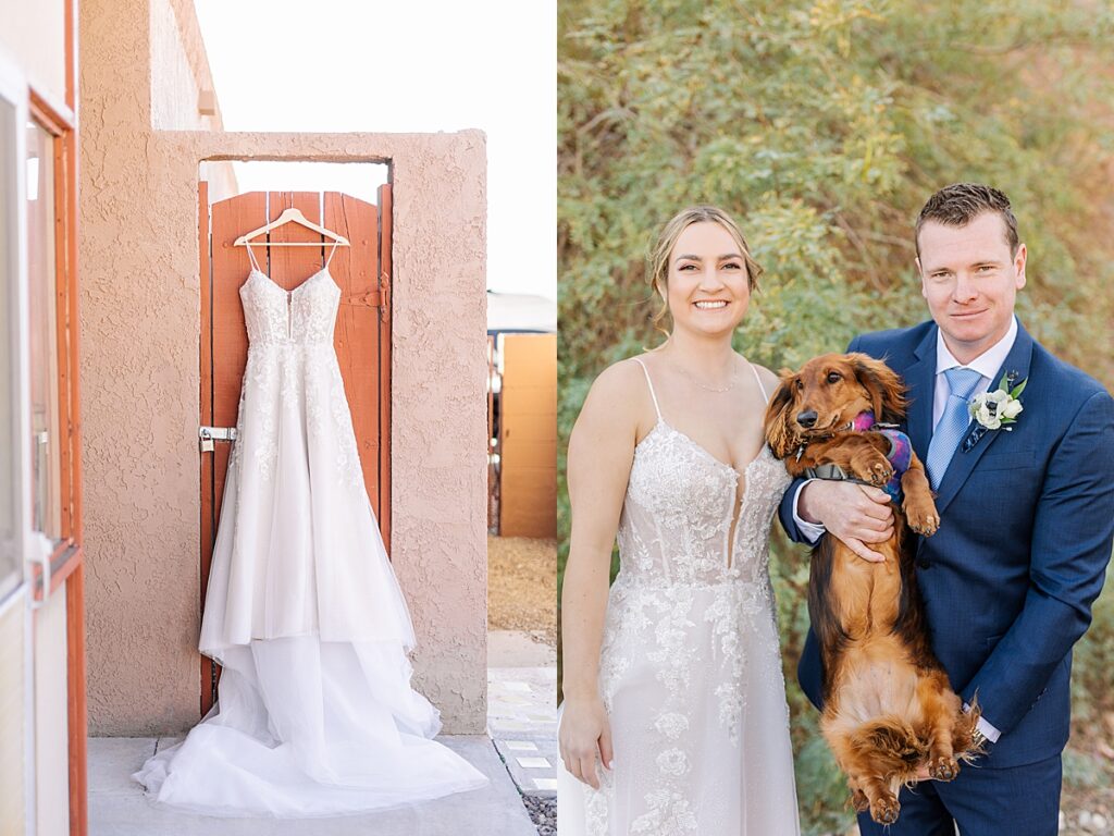 Bride and groom taking portraits with their dog in Parker, Arizona.